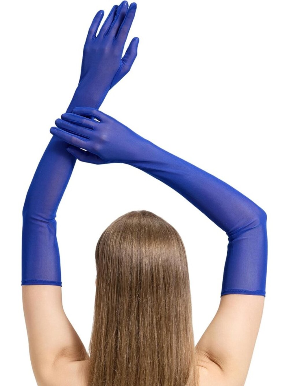 Women's Blue Elbow Stretchy Long Halloween Sheer Mesh Tulle Opera Gloves